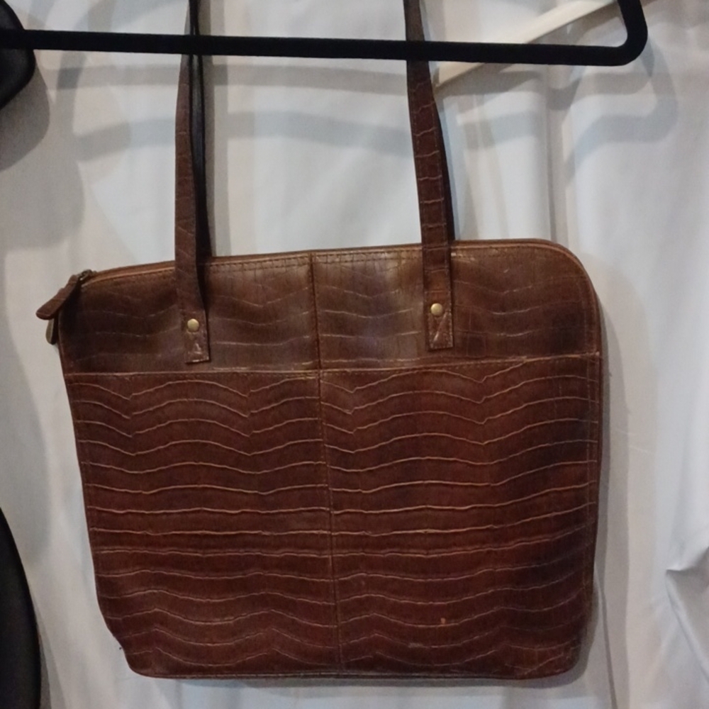 Bueno Dark Brown Faux leather croc embossed shoulder Tote laptop travel bag - Picture 2 of 8